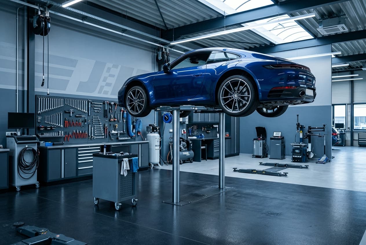 Modern car workshop with a car on a lift