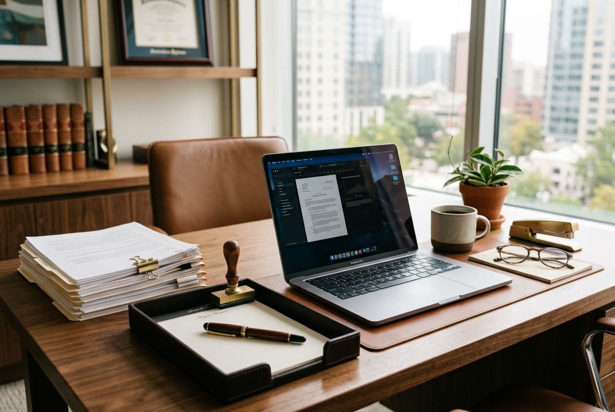 Organized desk with legal documents and a laptop