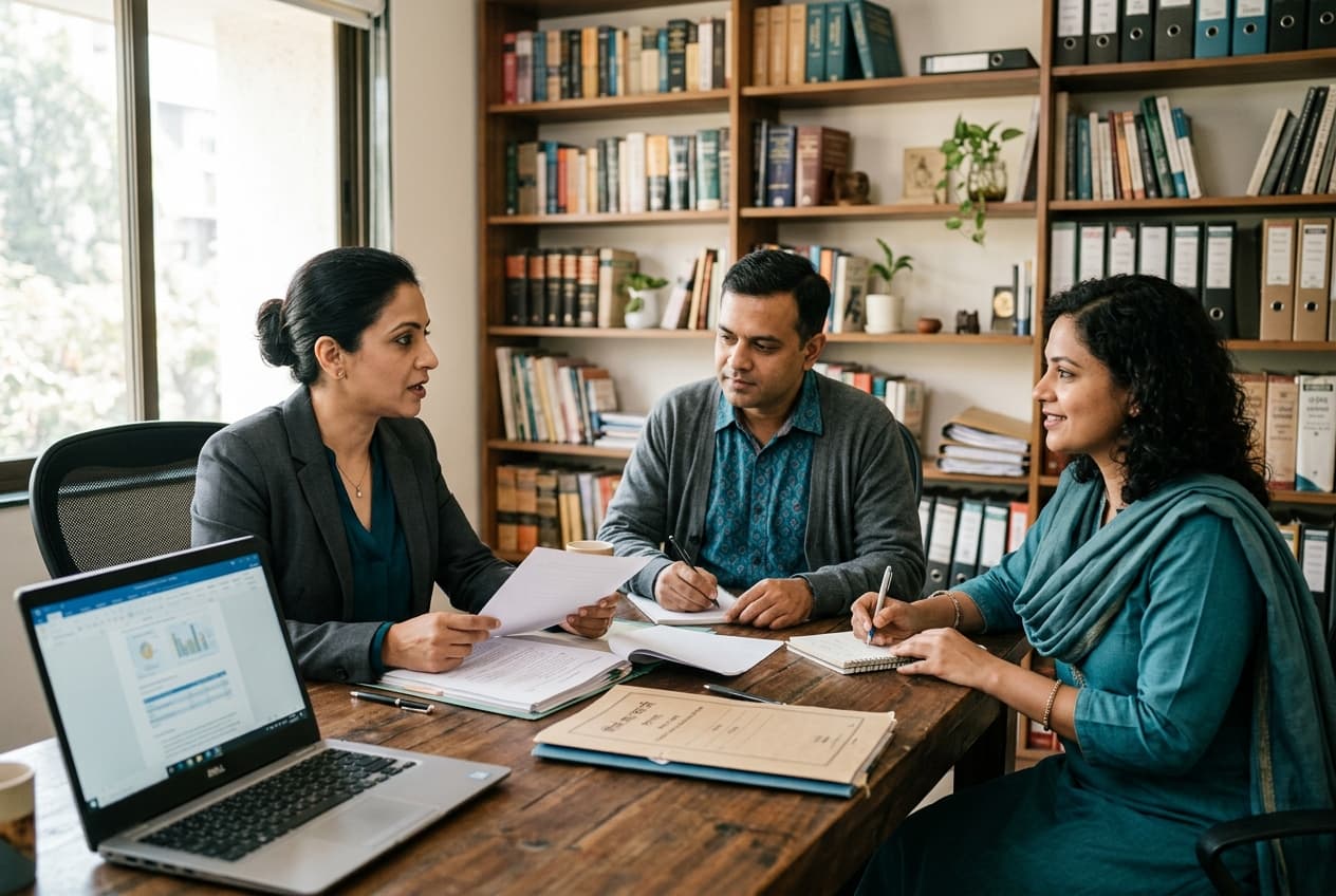 Consultant meeting a client across a desk with documents