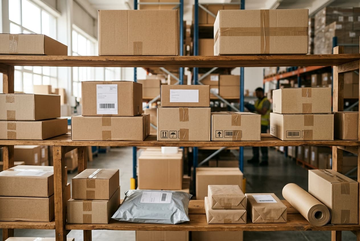 E-commerce parcels arranged on studio shelves
