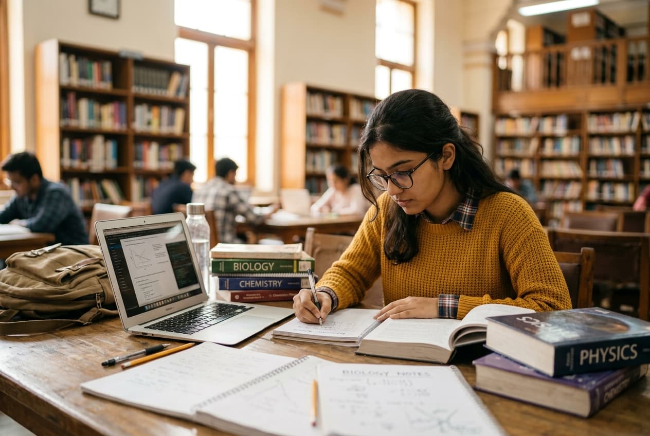 Student studying with books in a bright library