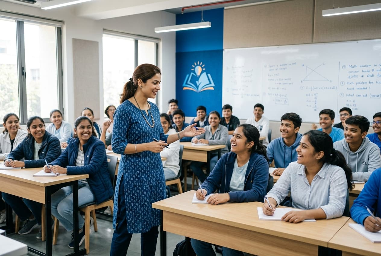 Teacher in front of an engaged classroom at a coaching institute