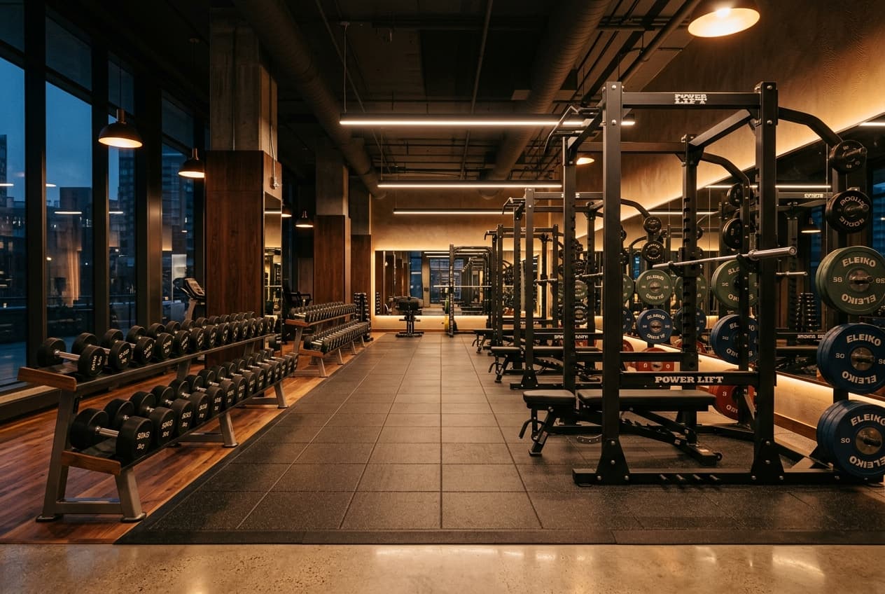 Modern gym interior with dumbbells and racks