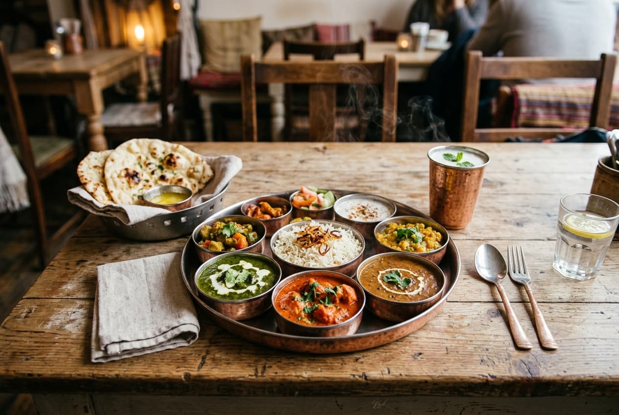Beautifully plated Indian dishes on a rustic café table