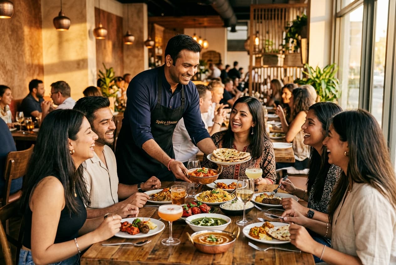Waiter serving dishes to a happy table at a modern Indian restaurant