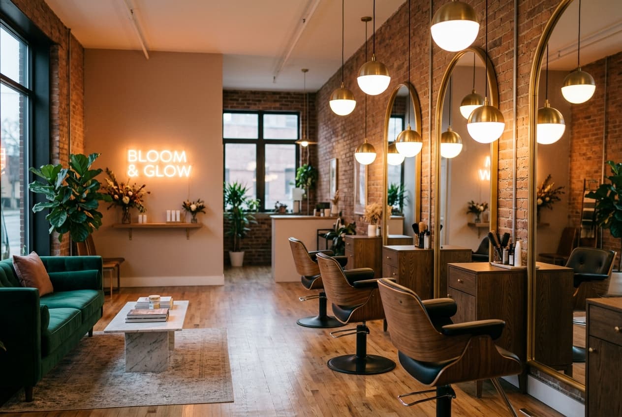 Chic salon interior with styling chairs and warm lighting
