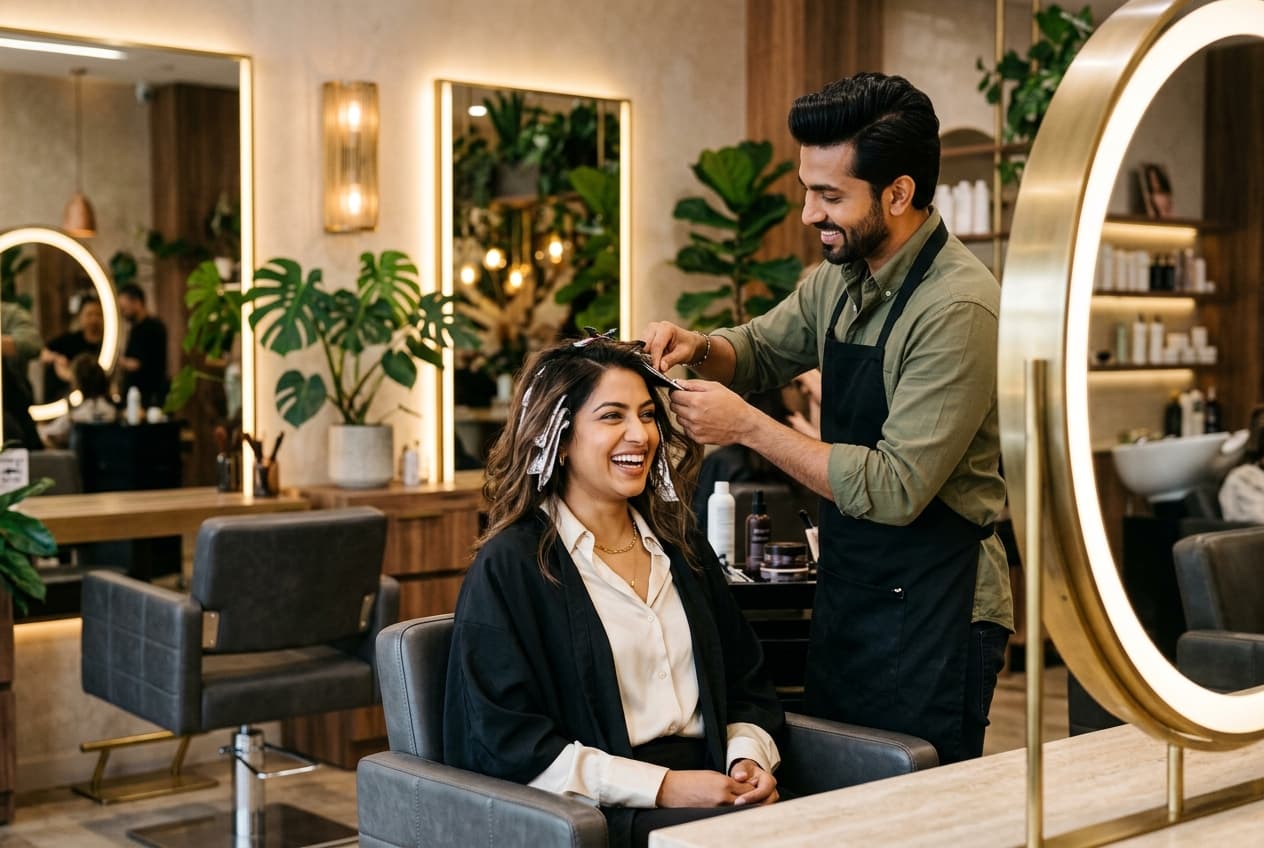 Stylist working on a client's hair in a premium salon