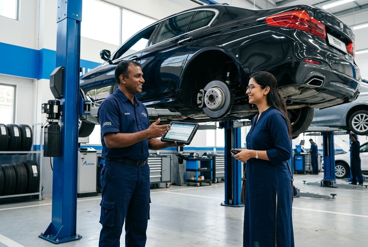 Service advisor consulting a customer beside a car on a lift
