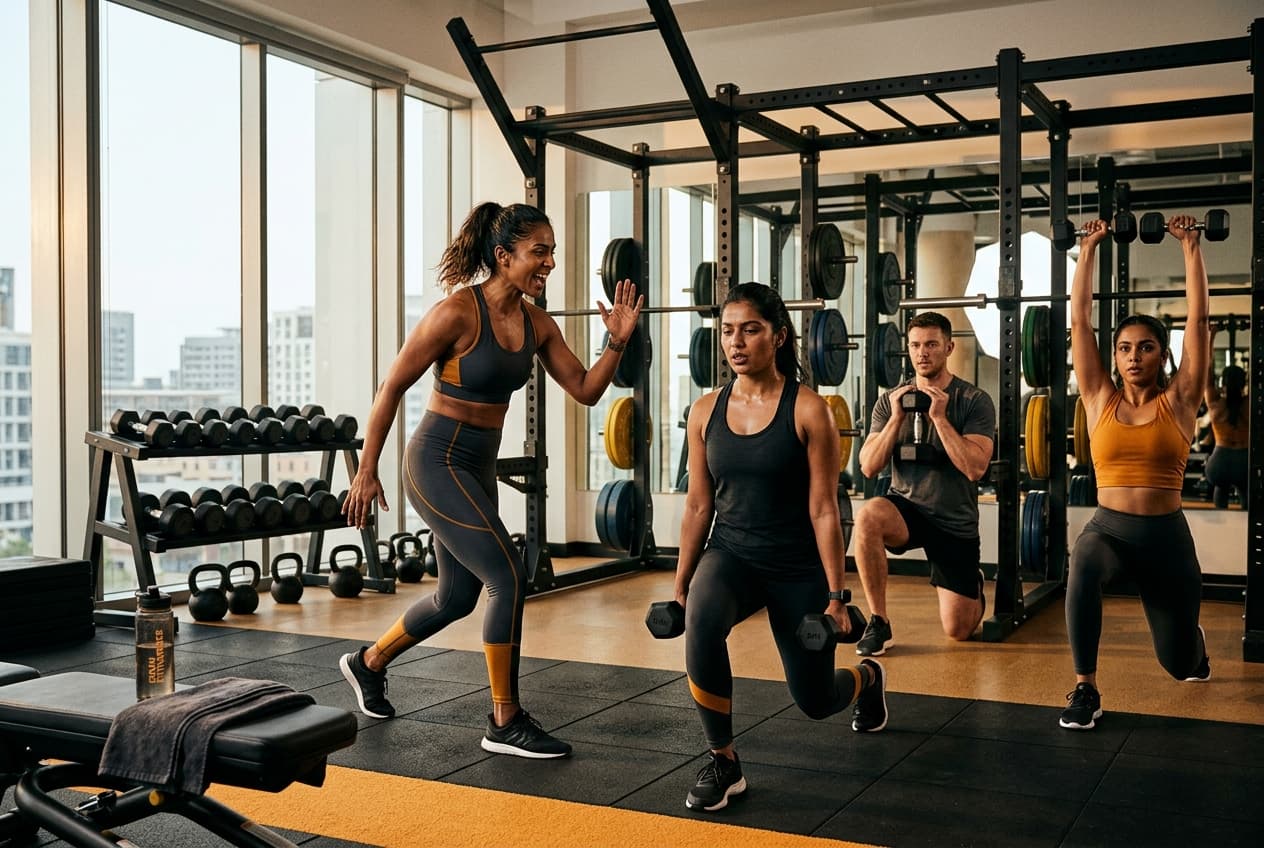 Trainer leading an energetic class in a modern gym